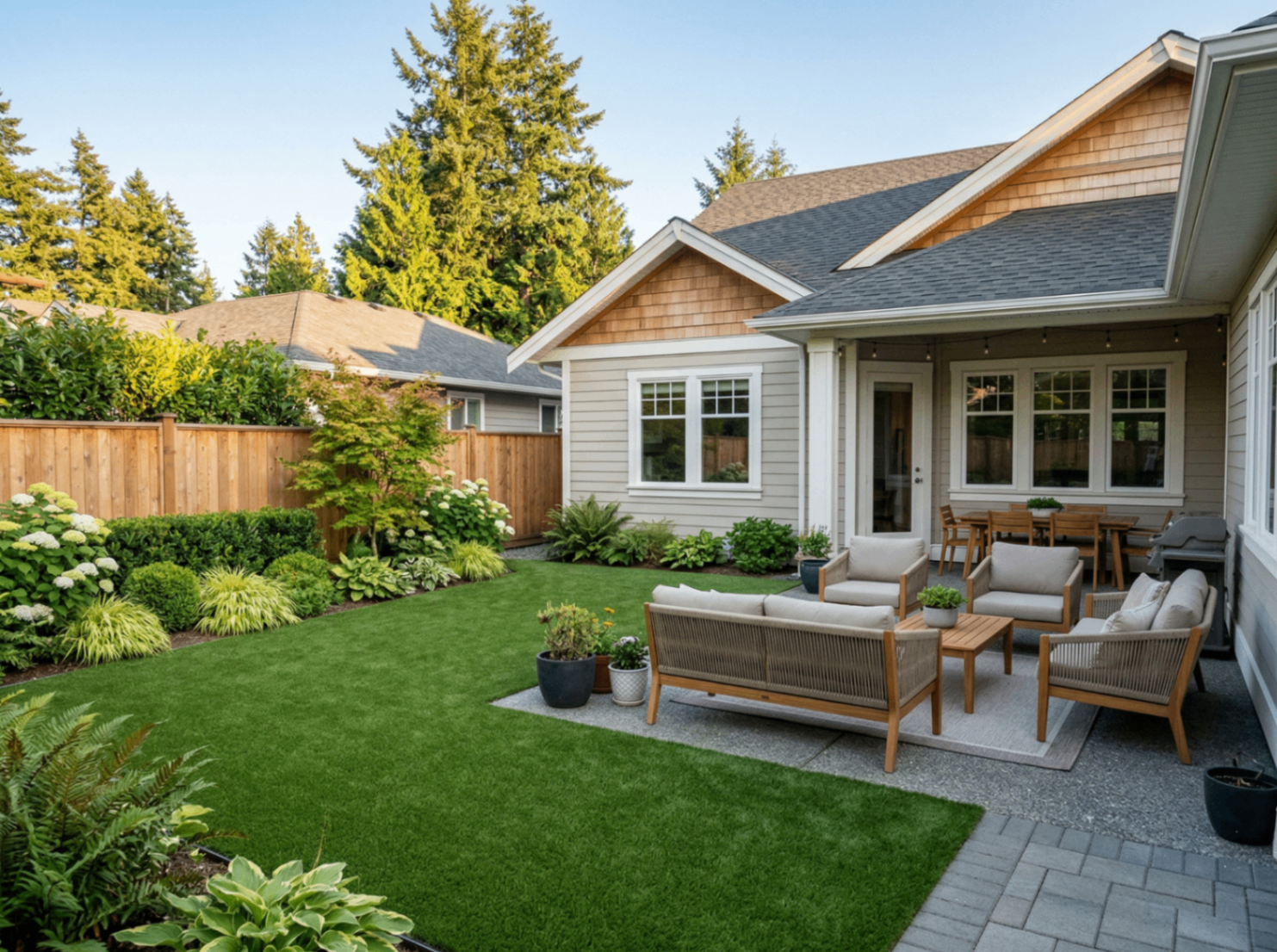 Cottage-style shared backyard with artificial turf and patio furniture