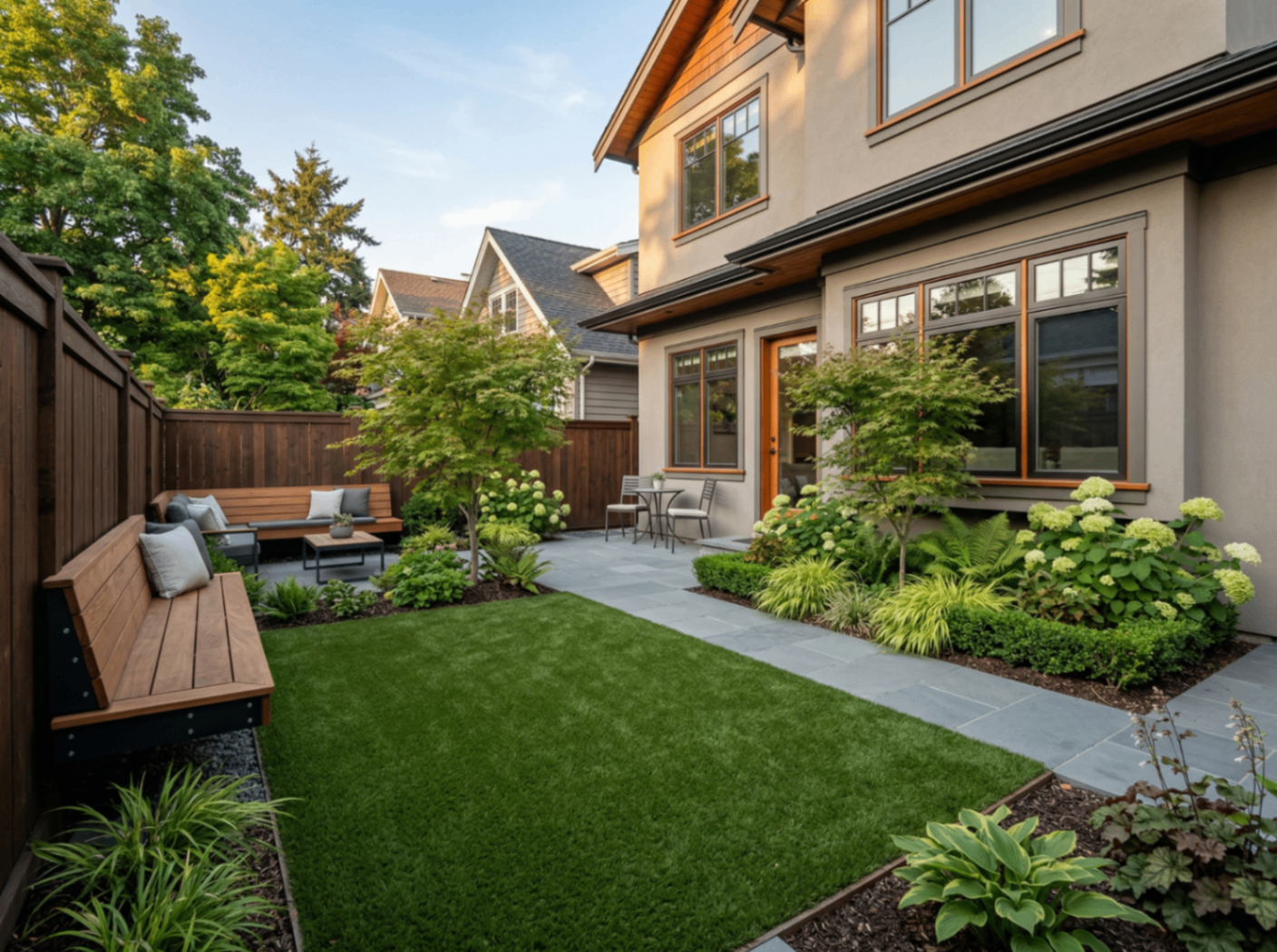 Shared courtyard finished with artificial turf beside a residential building