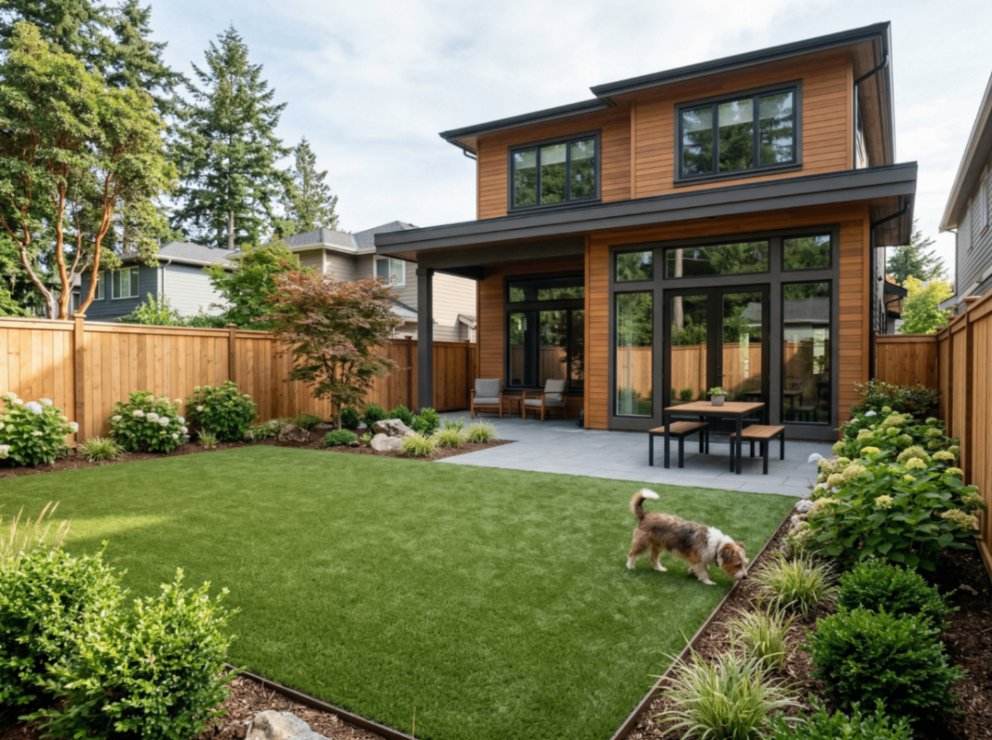 Dog running on new artificial turf in a shared pet area