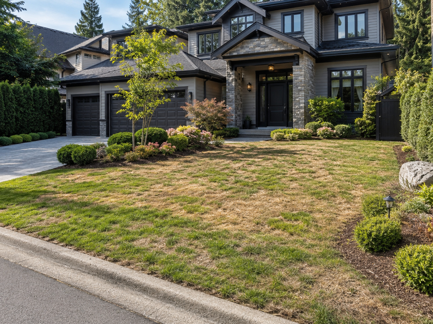 Shared lawn with patchy, worn natural grass before a Premium Grass Blades install