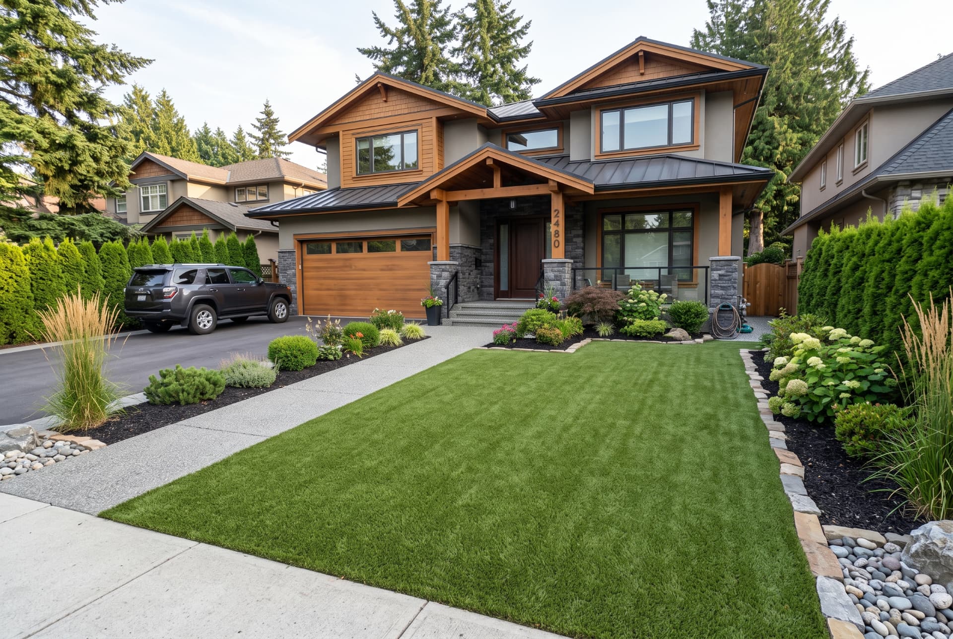Front common area with fresh artificial turf