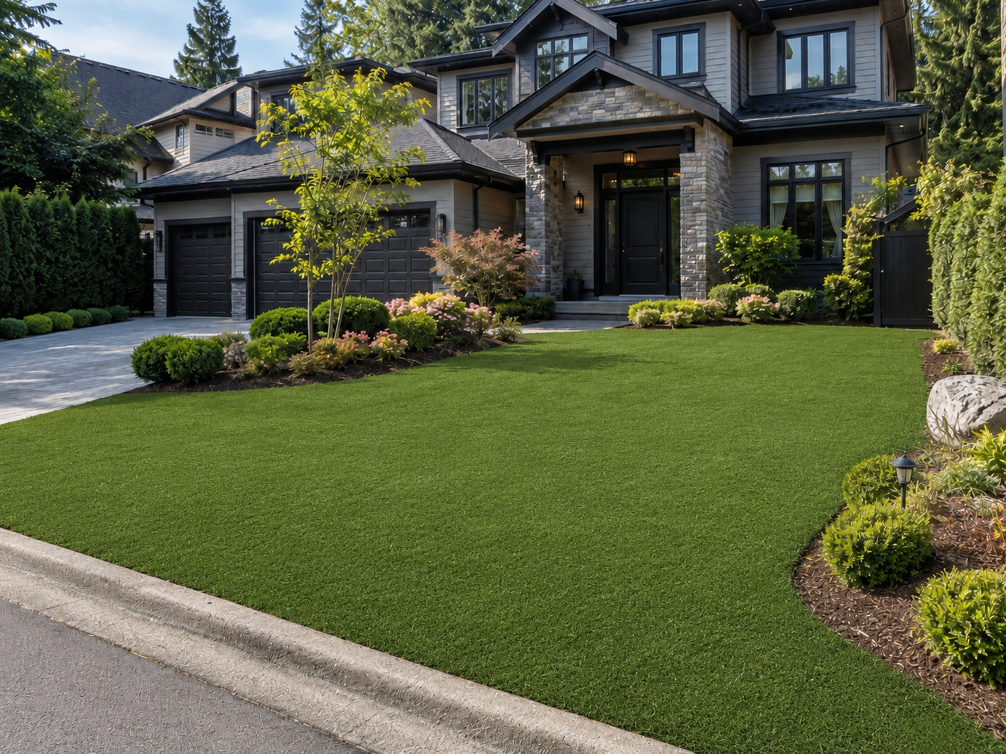 The same shared area transformed with lush Premium Grass Blades artificial turf
