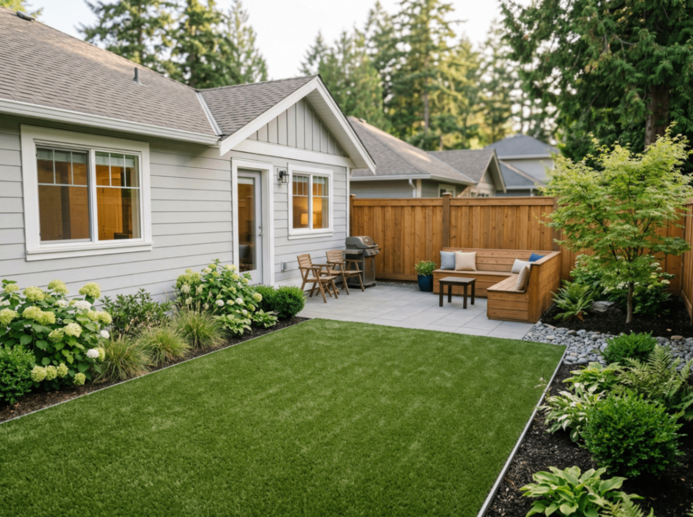 Tidy artificial turf common area with cedar privacy fence
