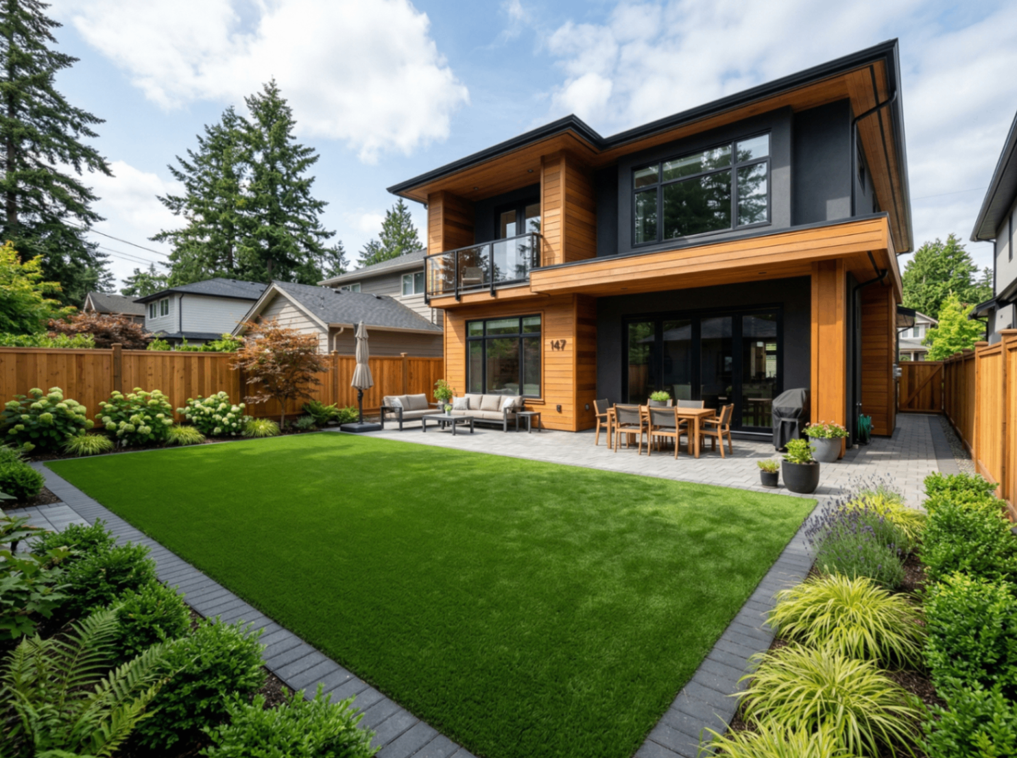Large rectangular artificial turf common area behind a modern building