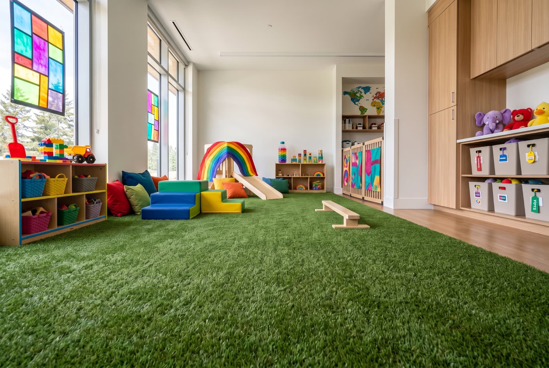 Shared play area surfaced with soft artificial turf