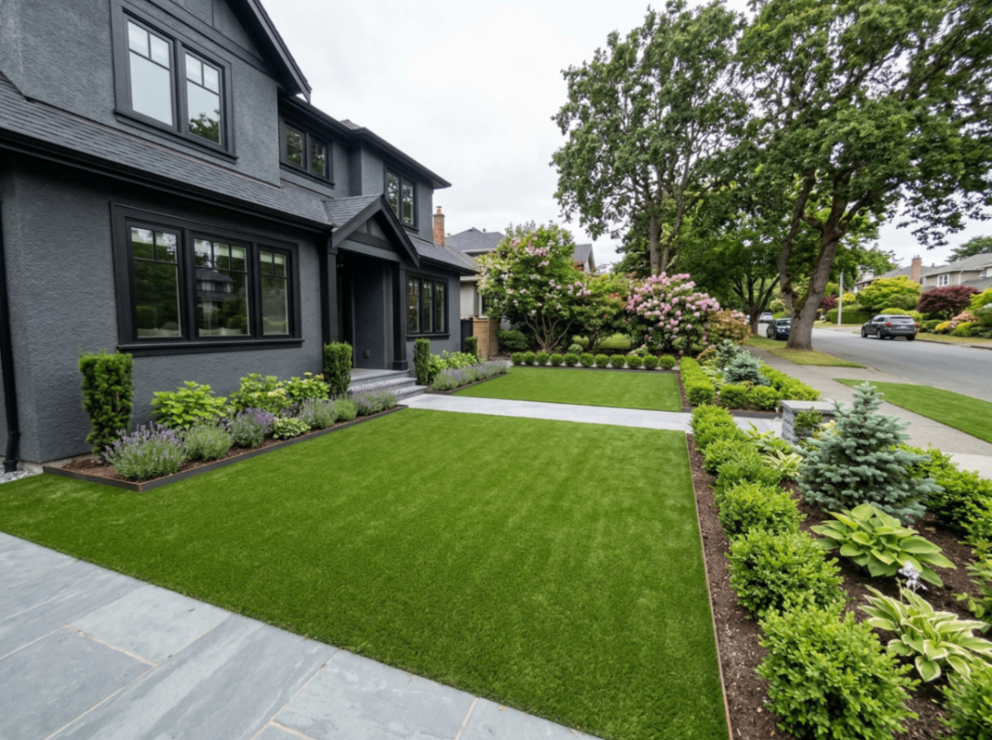 Fresh artificial turf frontage with manicured hedges at a strata property