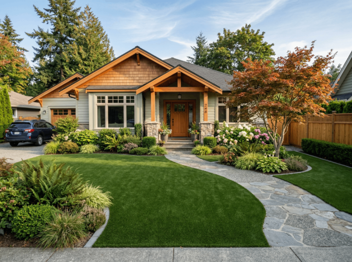 Artificial turf common lawn with a flagstone path at a multi-unit property